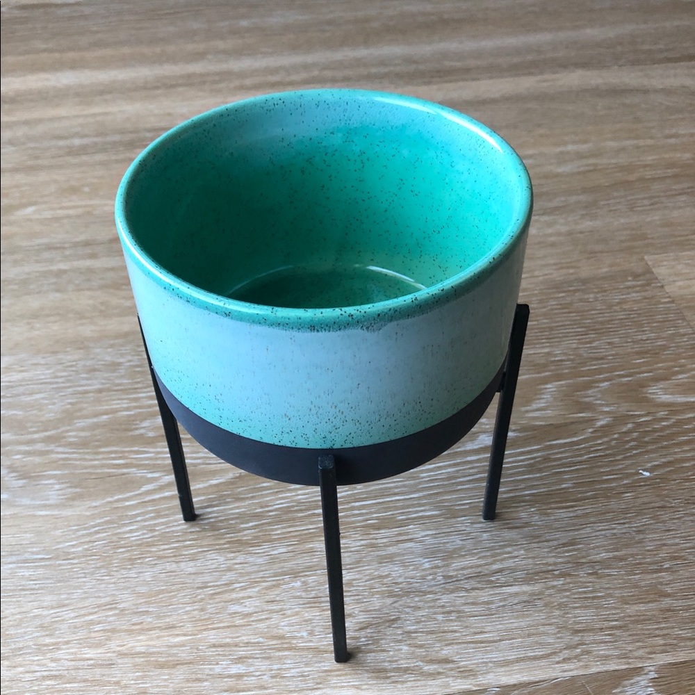 Teal Planter with Metal Stand
